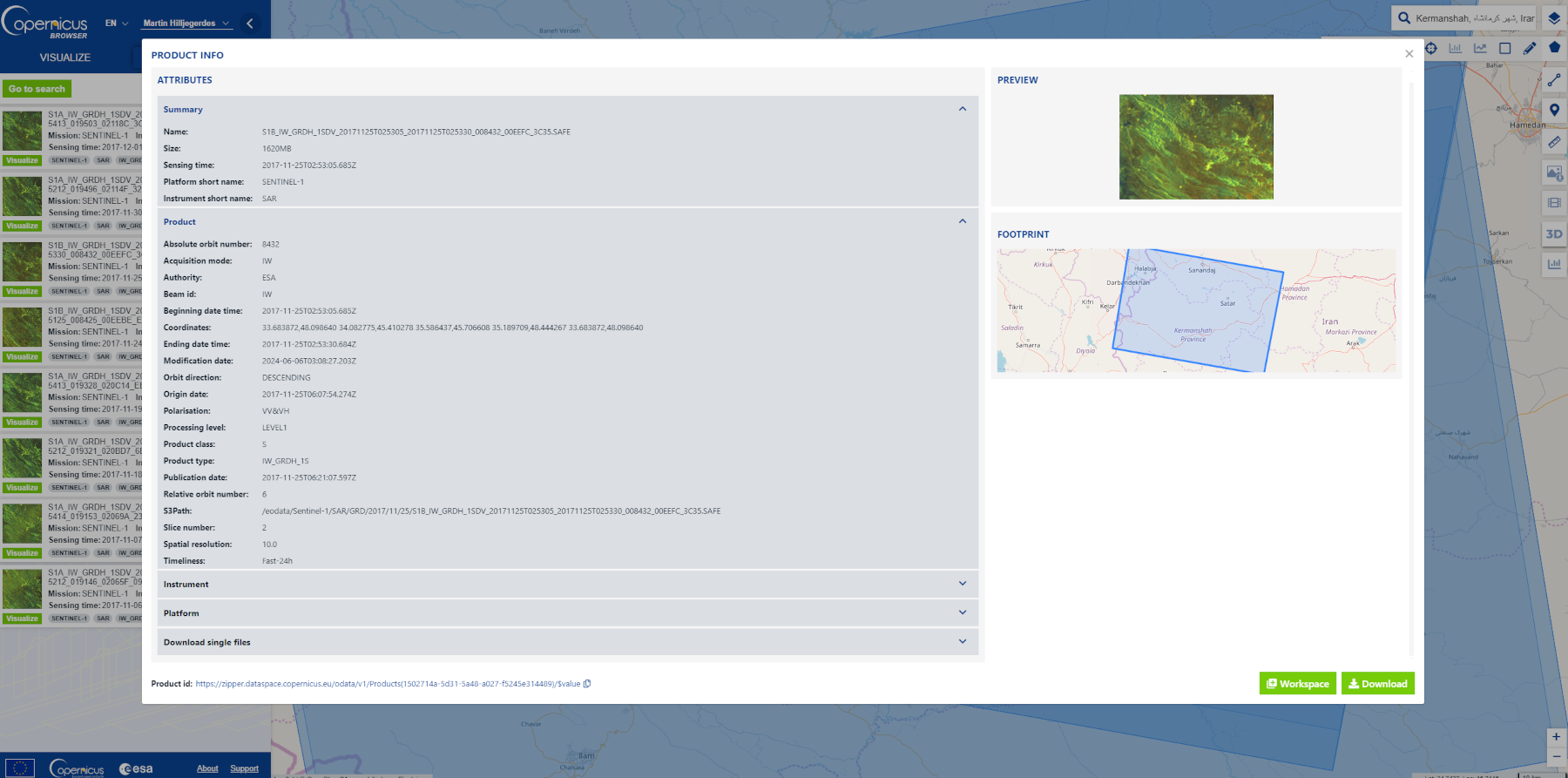 Figure 2: Product details information on Copernicus Data Space Ecosystem