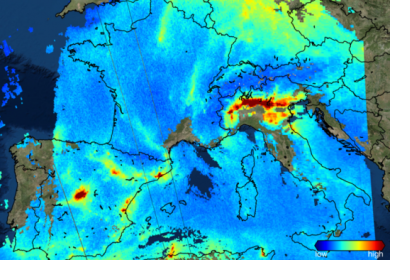 One of the first images from the Copernicus Sentinel-5P mission shows nitrogen dioxide over Europe. Image: ESA.